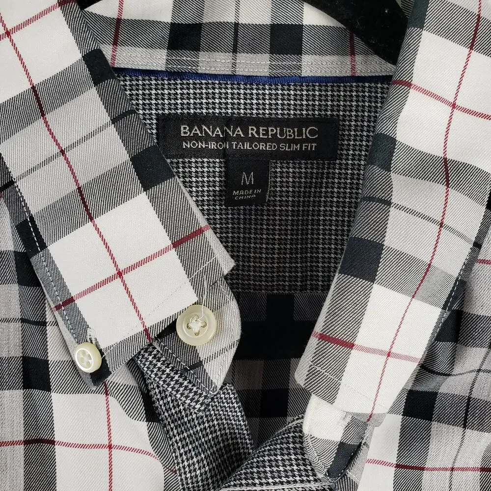 Banana Republic Men's‎ M Gingham Plaid Dress Shirt Black Gray Tailored Slim Fit
